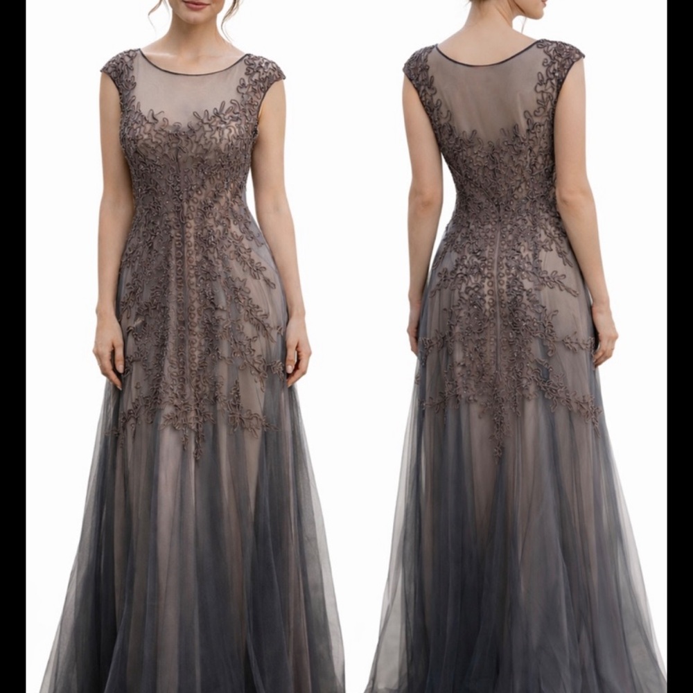 Cachet Embroidered Tulle Maxi Dress in Taupe and Charcoal